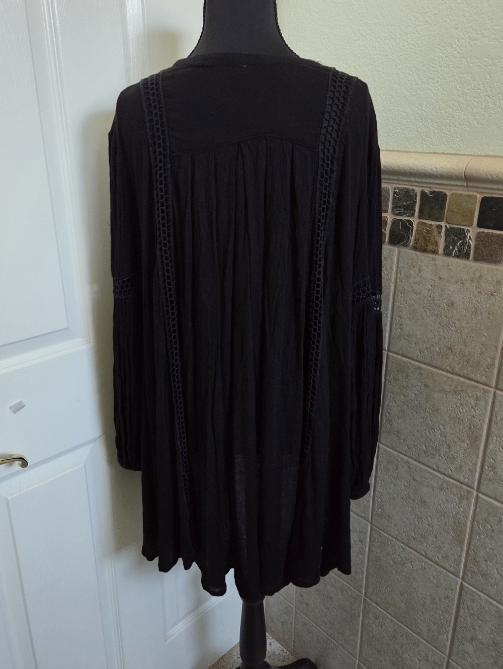 Free People Black Boho V-Neck Peasant Tunic Mini Dress Festival Goth Bohemian S - Picture 8 of 10